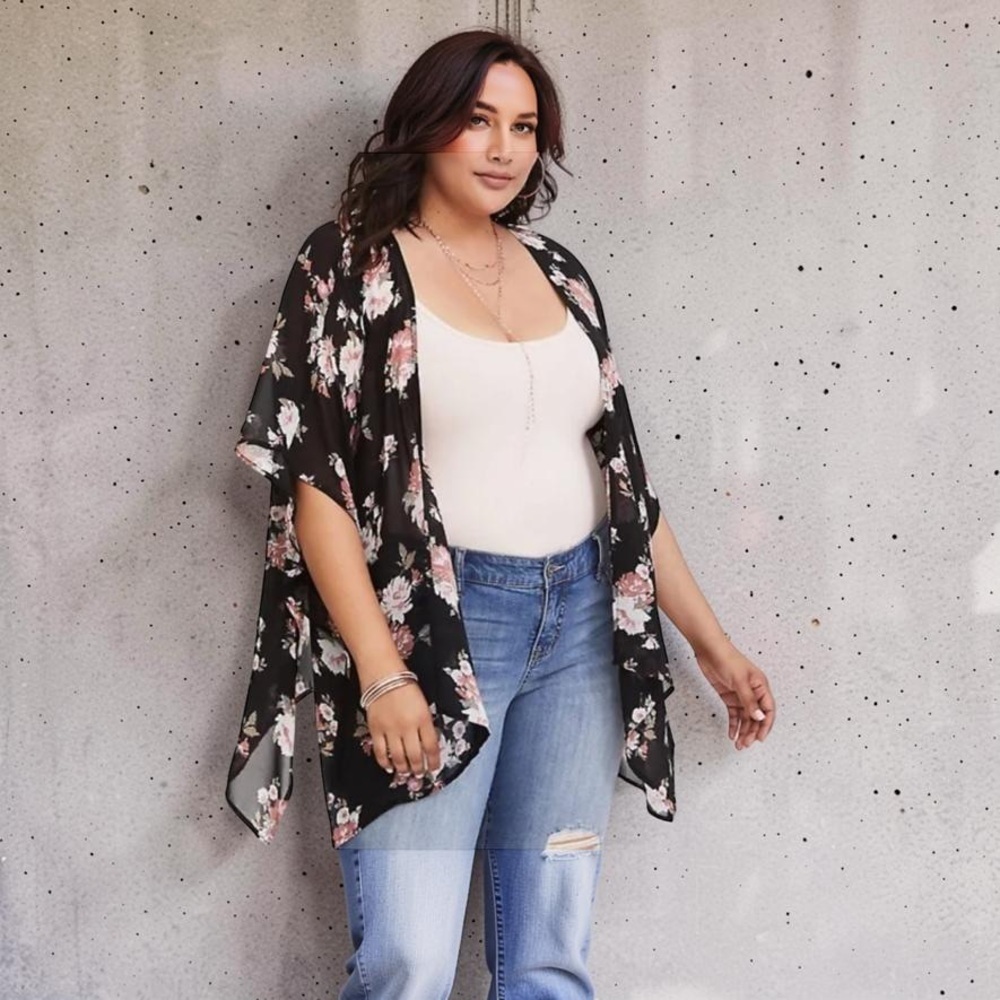 Torrid dark floral,chiffon Kimono,wrap,long line flowy,arm holes